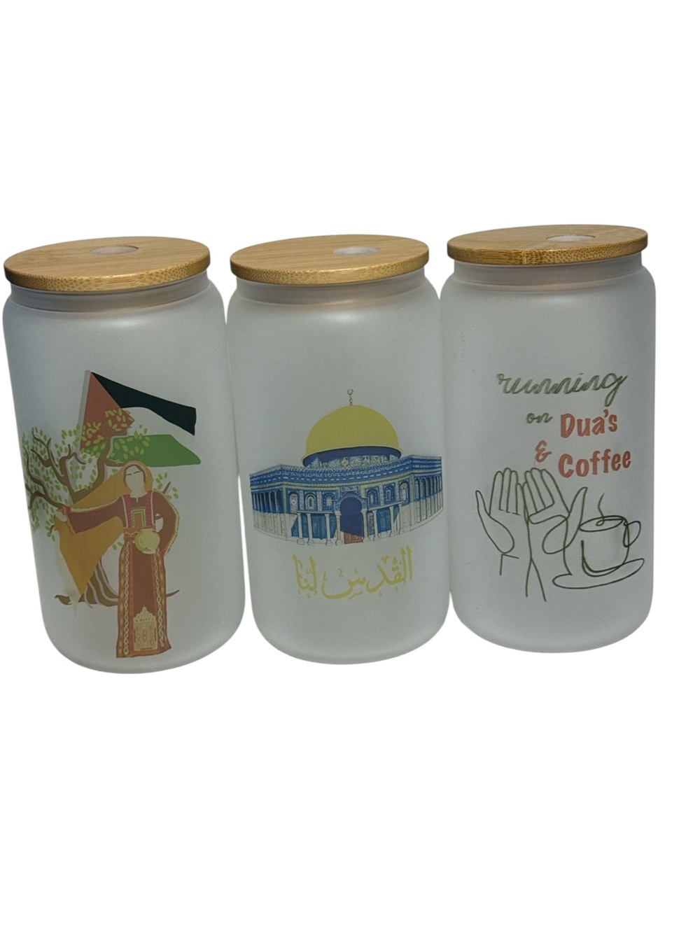 Set of 3 Palestine Themed Frosted Glass Can Tumblers with Bamboo Lids